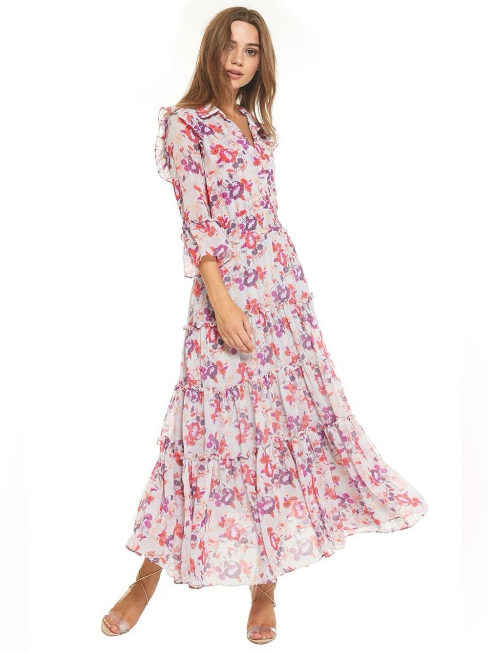 MISA Los Angeles Pamelina Ruffle Tiered Maxi Dress Lilac Floral Print Size XS